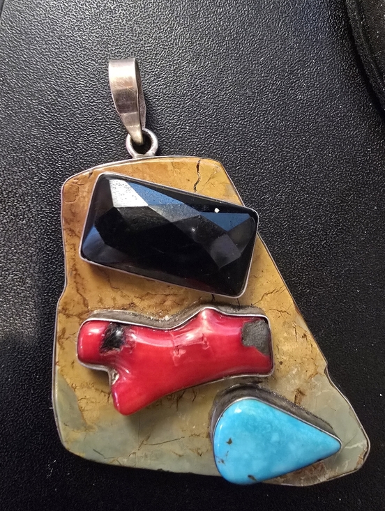 Jewelry - Artisan Southwestern Style Sterling Turquoise Branch Coral Faceted Jet Pendant